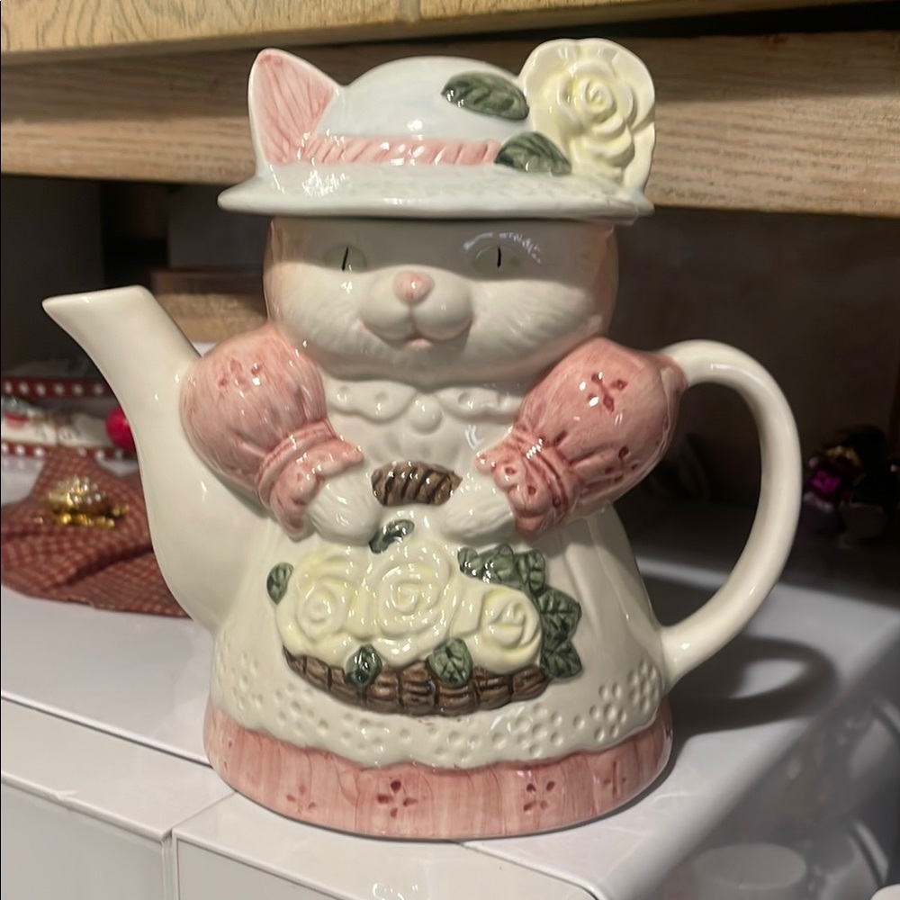Charming Cat Teapot with Floral Accents